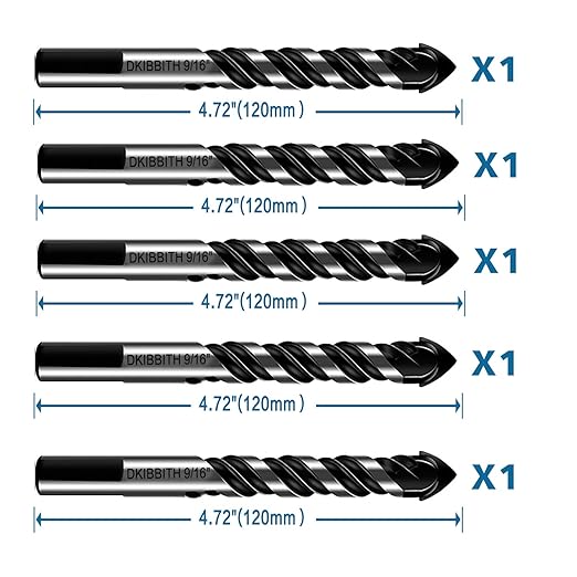5-Piece 9/16“ Masonry Drill Bits for Tile Glass Ceramic Wall Brick Stone Soft-Metal Wood,9/16 Inch Concrete Drill Bits Cement Drill Bit Set, 3-Flat Shank, YG8 Carbide Tungsten Steel Alloy Tip 14mm