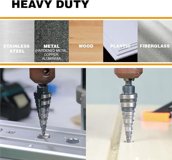 M2 HSS Quick Change 3/16" - 7/8" Step Drill Bit Double Fluted Drill bits for Hole Drilling in Stainless Steel, Copper, Aluminum, Wood, Plastic