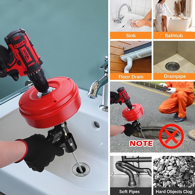 35 FT Drain Snake 2.0 with Double Mode, 10-In-1 Drain Auger for Sink and Drain Unblocking, Plumbing Snake for Real DYIs (Frosted Red)