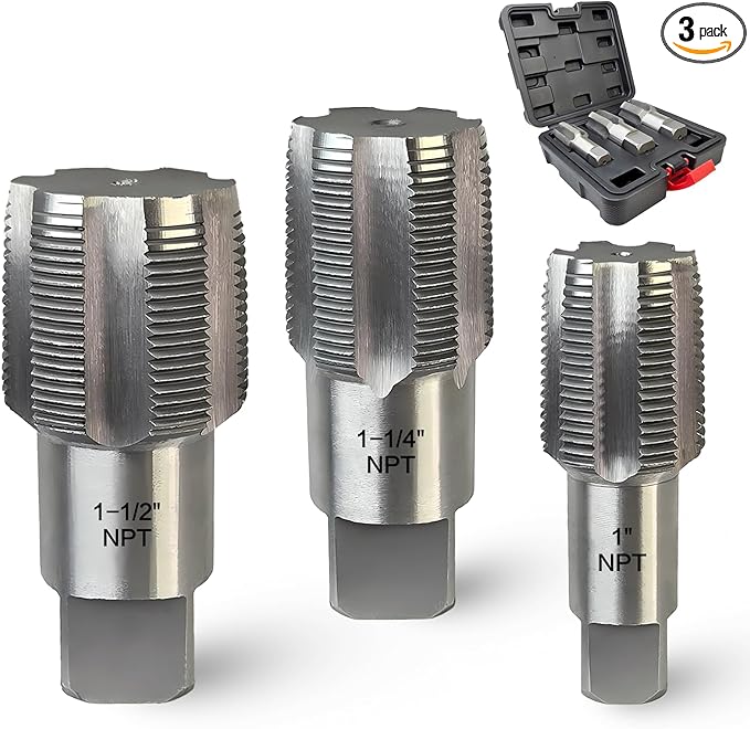 3-Piece NPT Pipe Tap Set, Precision Carbon Steel Tap Set for Clean Accurate Threads, 1", 1-1/4", 1-1/2" NPT Tap, Perfect for Plumbers Mechanics DIYers, with Durable Plastic Case.