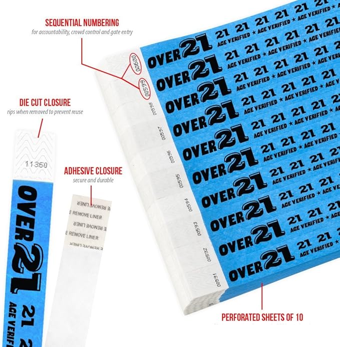 500 WristCo Over 21 Neon Blue Tyvek Wristbands for Events - ¾” x 10” - Waterproof Recyclable Comfortable Tear Resistant Paper Bracelets Wrist Bands for Concerts Festivals Admission Party