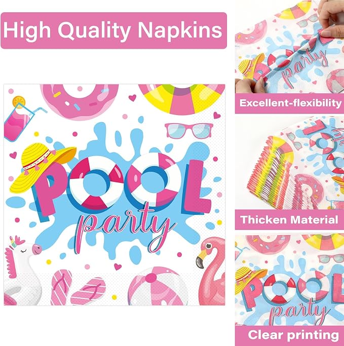 Qyeahkj 100 Pcs Summer Pool Party Plates and Napkins Set Pink Swimming Pool - Image 3