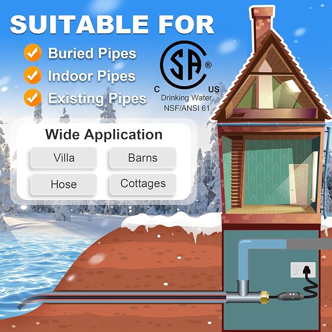 MAXKOSKO Pipe Heat Cable for Drinking Water Supply, CSA Certified Self Regulating Heater Inside Water Pipes, Safe for Use with Metal and Non Metal Pipes, 45Ft 120V