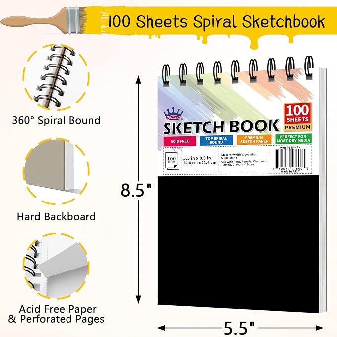 WINNER 5.5" x 8.5" Sketch Book, 400 Sheets Top Spiral Bound Sketch Pad - Image 2
