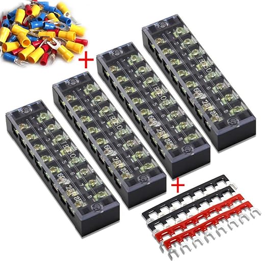 MILAPEAK Terminal Block and Strip - 4pcs 8 Position 600V 25A Dual Row Screw Terminals with Cover + 4pcs Pre-Insulated Barrier Jumper Strips Black & Red + Insulated Fork Wire Connectors