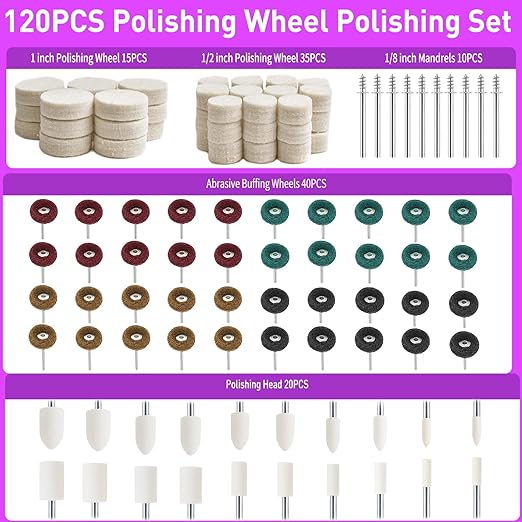 120 PCS Polishing Kit for Dremel, Abrasive Buffing Wheels for Rotary Tool Accessories with 1/8 Inch Shank, Polishing Bits for Metal Wood Watch Jewelry Brass