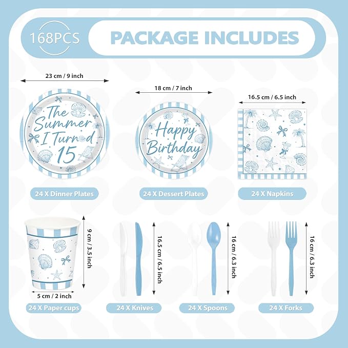 168 Pcs Summer 15th Seashell Birthday Party Decorations Serves 24 | Coastal - Image 2