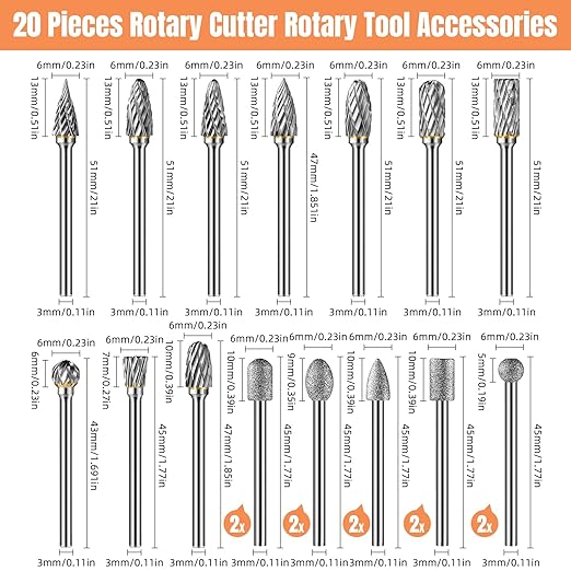20pcs Carving Bits,10pcs Carbide Burr Bits+10pcs Diamond Drill Bits(1/8 in) Standard Cylindrical Shank for Woodworking,Engraving,Drilling,Glass,Metal,Rotary Tool Accessories