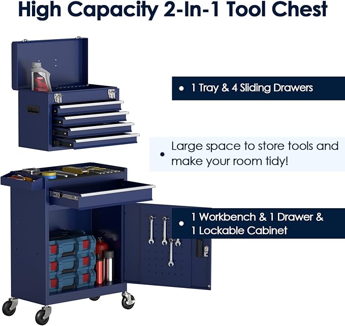 5-Drawer Tool Box with Wheels, Rolling Tool Storage Cabinet with Detachable Top Tool Chest and Locking Mechanism, Metal Tool Cart for Garage Workshop and Room Use (Blue)