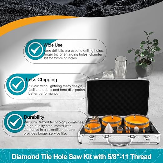 Tile Hole Saw Kit 15pcs - Diamond Core Drill Bits(1/4"-5") + 2pcs 4.5" Tile Blades + SDS Adapter for Ceramic Porcelain Marble