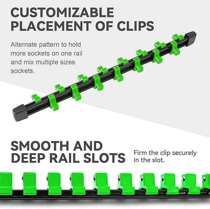 ALOANES 9 PC ABS Socket Organizer, 1/2 inch, 3/8 inch and 1/4 inch Drive Socket Rail Holders, Heavy Duty Socket Racks, Black Rails with Green Clips