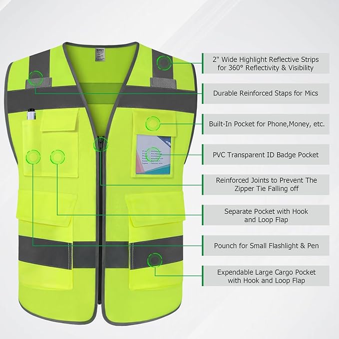 TCCFCCT Hi Vis Vest 5 Pockets High Visibility Reflective Safety Vest for Men Women, Neon Construction Vest with Horizontal Strip for Walkie-talkie & ID Card, Meets ANSI/ISEA Standards, T5-Yellow, 3XL