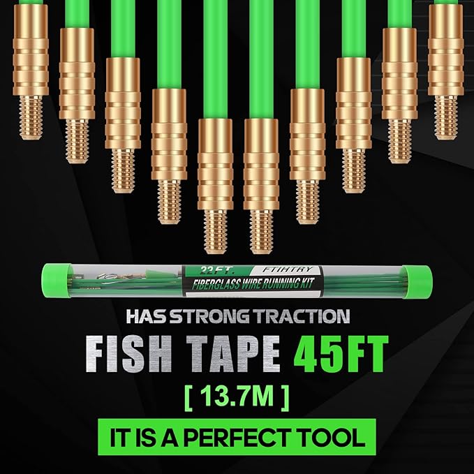 45FT Fiberglass Running Electrical Wire Cable Glow Rods Wire Pulling, Fish Rods Electrical Kit with 8 Different Attachments and Fish Tape Wire Puller Kit