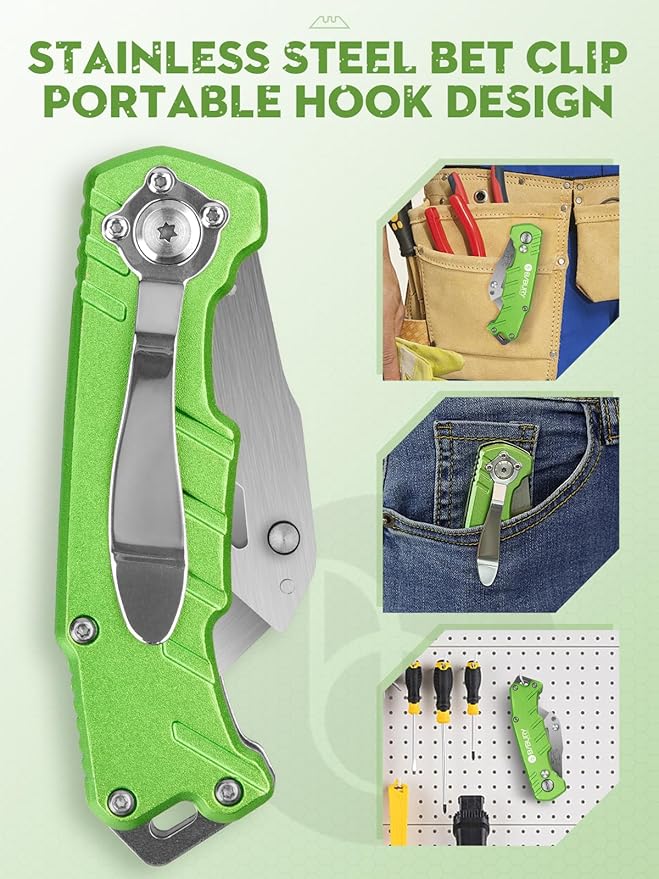 Utility Knife, BIBURY Upgraded Version Heavy Duty Box Cutter, Pocket Carpet knife with 10 Replaceable SK5 Stainless Steel Blades, Belt Clip, Easy Release Button, Quick Change and Safety Lock-Green
