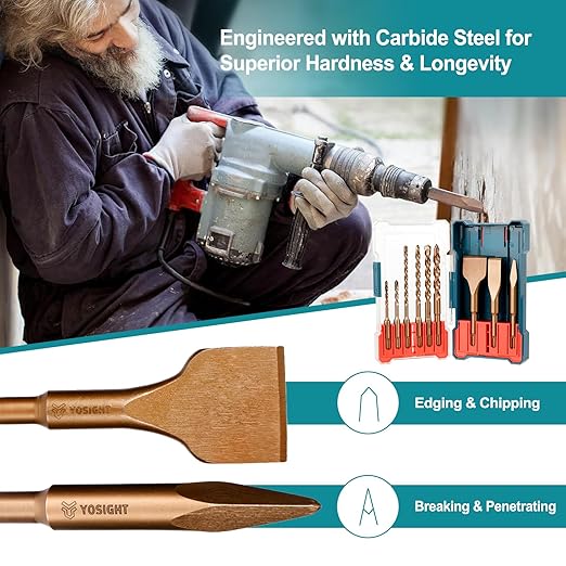 9Pcs SDS-Plus Rotary Hammer Drill Bits and Chisel Set, 3/8 1/4 3/16 5/16 1/2 inch Drill Bits, 2 Flat and 1 Point Chisel for Concrete Stone Brick