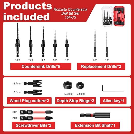 Countersink Drill Bit Set for Woodworking, 15 PCS M2 Cobalt HSS Tapered Drill Bits Kit with 2 Wood Plug Cutters, 1/4" Hex Shank Quick Change, Depth Stop Collars, 82° Counterbore & Storage Case