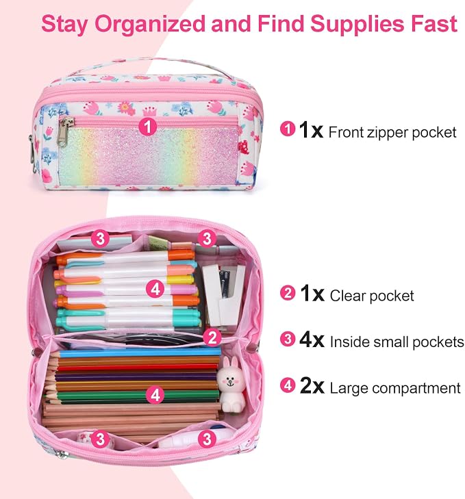 Pencil Case for Girls, Durable Kids Pencil Pouch for School, Wide Opening Soft - Image 4