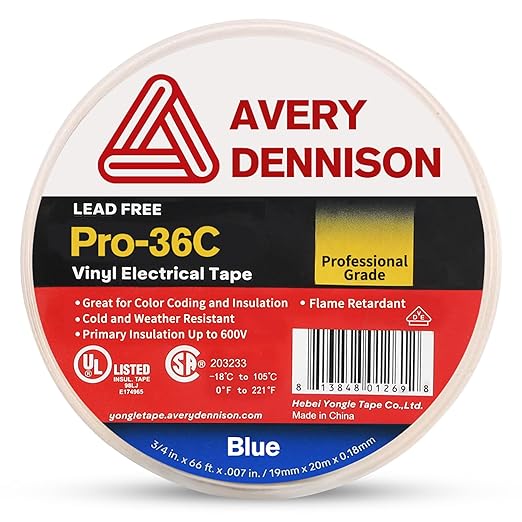 Avery Dennison Electrical Tape, Professional Grade PVC Electric Tape, UL/CSA Listed Insulating Vinyl Tape for Electrical, Repairs, Automotive and Equipment, Pro-36C, ¾ in x 66 ft, Blue, 1 Roll