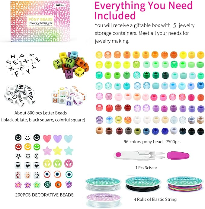 5 Boxes Bracelet Making Kit Pony Beads, 96 Colors 3500Pcs Kandi Beads - Image 5