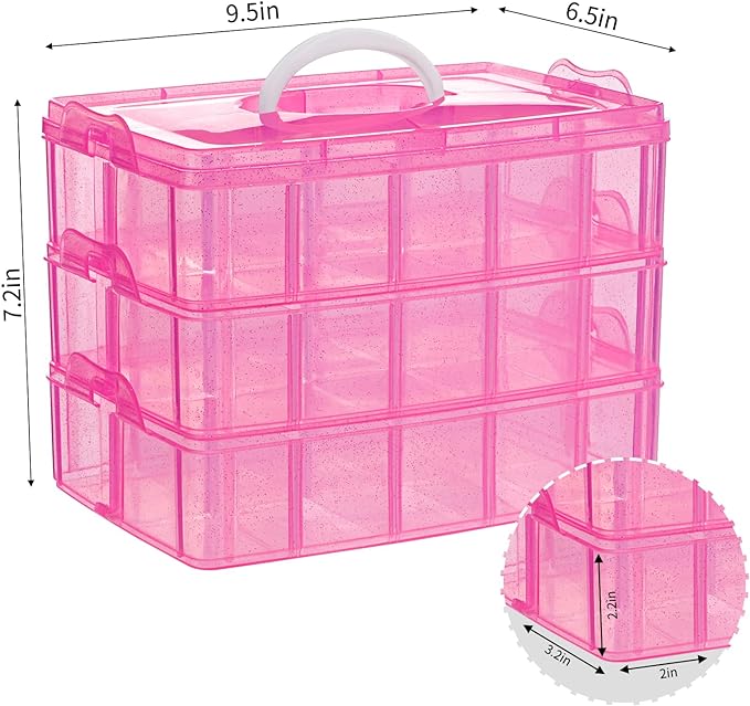 SGHUO Bead Organizers and Storage 3-Tier Pink Craft Container Stackable Box - Image 2