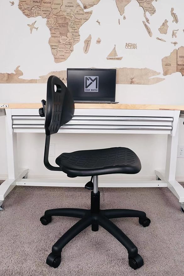 Chair Master Table Height Chair/Stool-Easy to Clean! Deluxe Ergonomic Polyurethane Chair. 5" of Height Adj (15.5"-20.5") 450 lb Capacity. Automotive, Lab, Garage, Home, Office (Self Braking, Black)