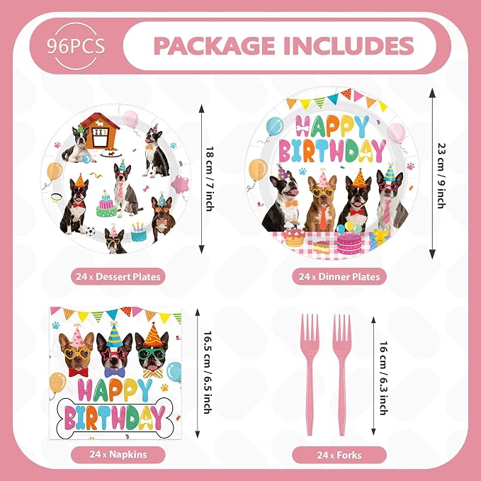 96 Pcs Boston Terrier Birthday Party Decoration Dog Puppy Theme Plates and - Image 5
