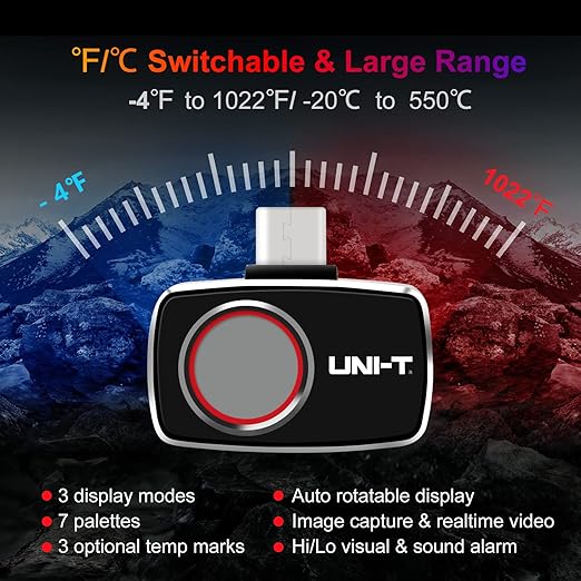 UNI-T Thermal Camera Android USB-C 256x192 IR High Resolution Infrared Cameras Thermal Imaging Camera for Smartphones, Thermal Imager 7 Palettes 25Hz Refresh Rate 49152 Pixels, Video Record, UTi260M