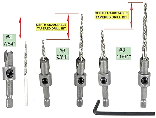 Wood Countersink Drill Bit Set #4#6#8 Set Countersink HSS M2 Tapered Drill Bits, Quick Change Hex Shank Countersink Bit, 1 Stop Collar, 1 Allen Wrench, Countersink Drill Bit for Woodworking