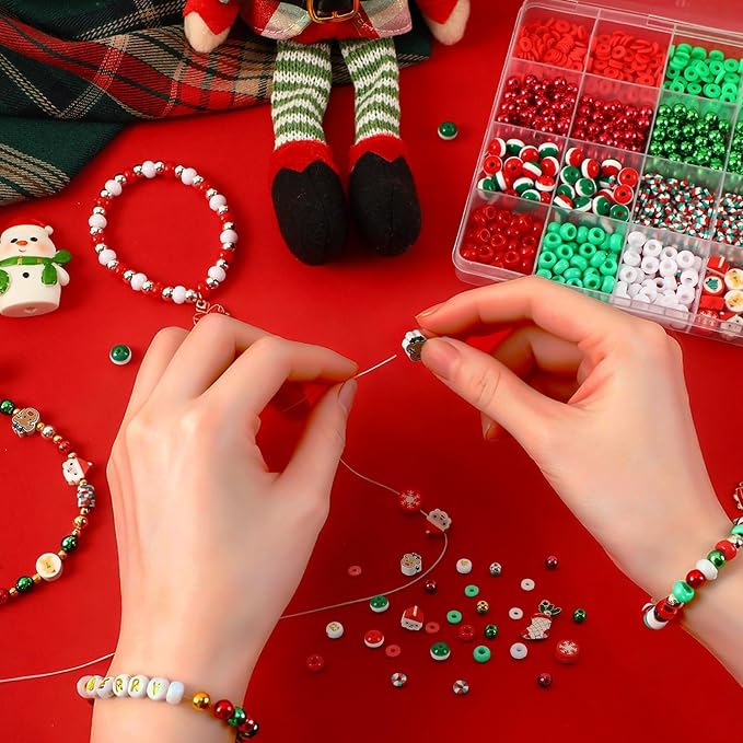 UPINS Christmas Bracelet Making Kit Red Green Clay Beads - Image 3