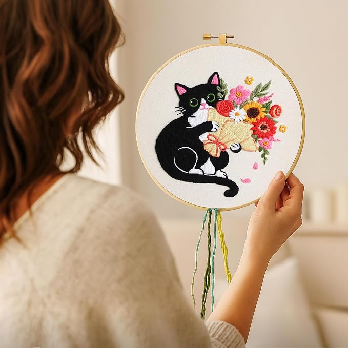 Nuberlic Black Cat Flowers Embroidery Kits - Image 3