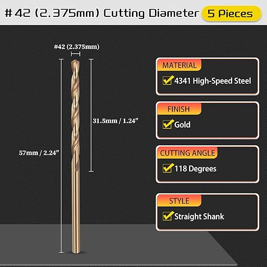 Drill Bit, #42 Cutting Diameter, 4341 HSS Gold Finish 118° Cutting Angle Number Jobber Bits - (Applications: for Drilling Soft Metal Plastic Wood), 5-Pieces