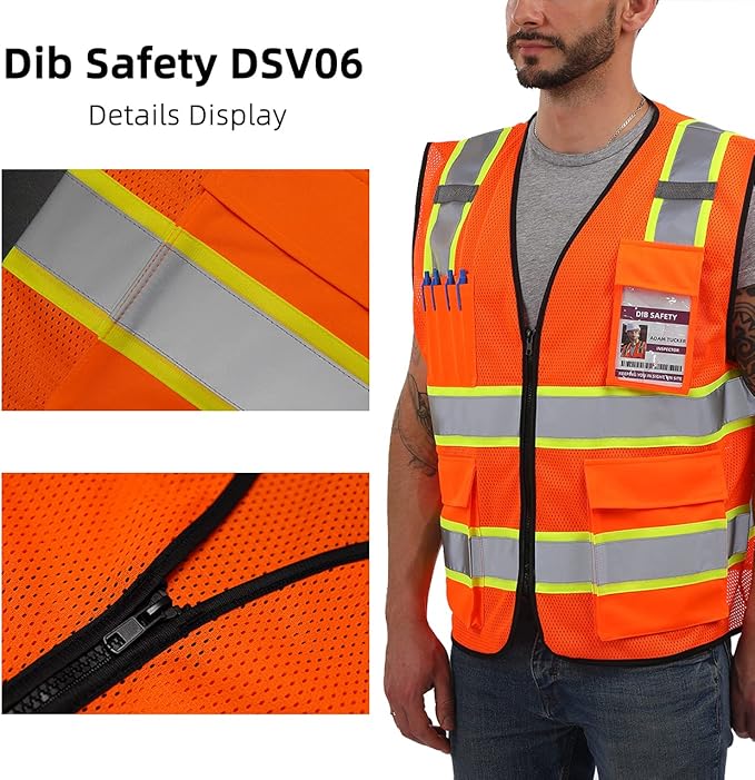 Dib Safety Reflective Mesh Vest High Visibility Two Tone with Pockets and Zipper, ANSI Class 2 Compliant, Orange Mesh with Yellow Trim 3X