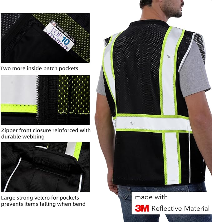 Dib Safety Vest Reflective Black Mesh, High Visibility Vest with Pockets and Zipper, Heavy Duty Vest Made with 3M Reflective Tape M