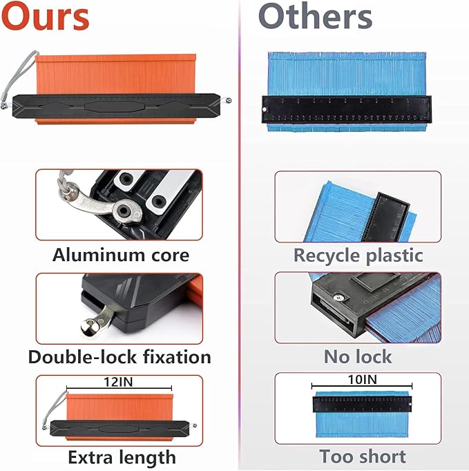 Contour Gauge Tool 12 Inch + 5 Inch, Super Gauge Shape and Outline Tool with Metal Aluminum Lock, Profile Tool Set Precisely Copy Irregular Shape, Extended Profile Gauge Duplicator, Father's Day Gift