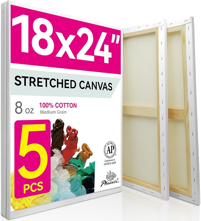 PHOENIX Large Stretched Canvas for Painting 18x24 Inch/5 Value Pack, 8 Oz by PHOENIX