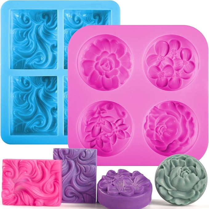Sakolla 2 Pack Silicone Soap Molds, 4 Cavities Rectangle Wave and Round Flower by Sakolla