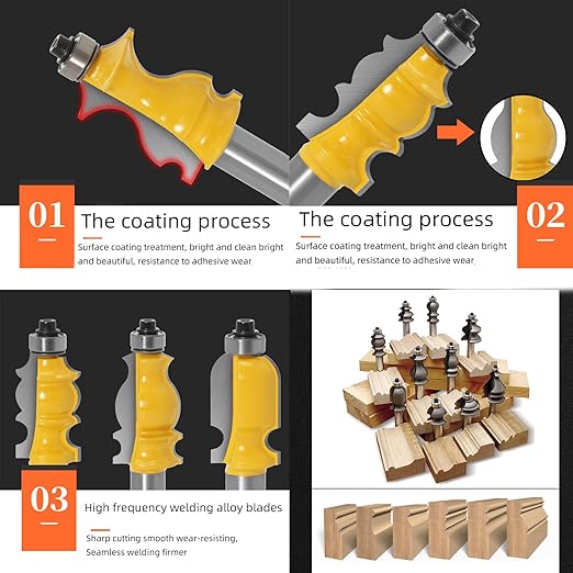 10PCS Architectural Molding Router Bit Set 1/2 Shank Casing Base CNC Line Handrail Woodworking Cutters Face Mill Woodworking Chisel Cutter Milling Tool