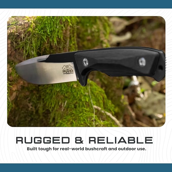 Prandi Cortel Traditional Fixed Blade Knife – Bushcraft Full Tang Survival Knife with Handmade Leather Belt Sheath for Hunting, Camping, Tactical, and Outdoor Field Use – AISI420MoV Steel – 3.076.T