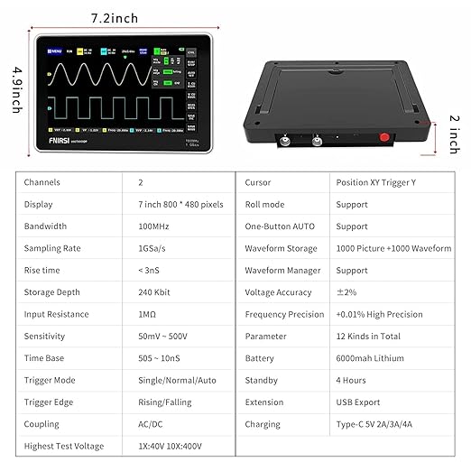 [FNRSI Upgraded 1013D Plus 100X Probe] Oscilloscope Portable Digital Tablet Oscilloscope with 2 Channels 100Mhz Bandwidth 1GSa/s Sampling Rate 7" TFT LCD Touch Screen 100X High Voltage