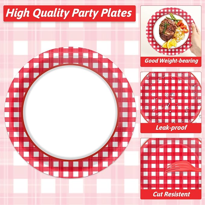 Naozinebi 200pcs Red and White Plates Napkins Checkered Plaid Paper Tableware - Image 3