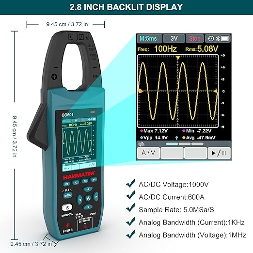 HANMATEK 3-in-1 AC/DC Clamp Meter & Oscilloscope,5MS/s High Sampling Rate,1MHz Bandwidth,600A &1000V AC/DC Current & Voltage Detection,Resistance,Capacitance,Continuity Test,NCV,Data Logging-CO601