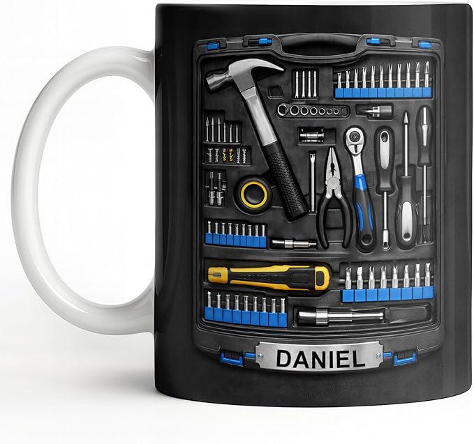 Personalized Tool Mug for Men, Custom Name Dad Coffee Mug, Handyman Tools by ALMAGEMSUS