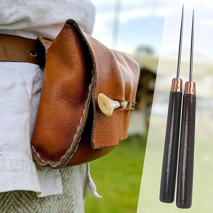2 Pcs Scratch Awl Tool, with Wooden Handle, Leather Awl Punch Tool,Tailors Awl, for Punching Stitching Sewing, Awl Repair Tool for Leather Craft
