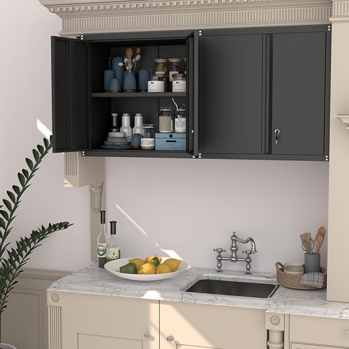 Metal Garage Wall Cabinet, Metal Wall Mounted Storage Cabinets with Lockable Doors and Adjustable Shelves, Floating Tool Cabinet for Garage, Home Office, Kitchen,Black