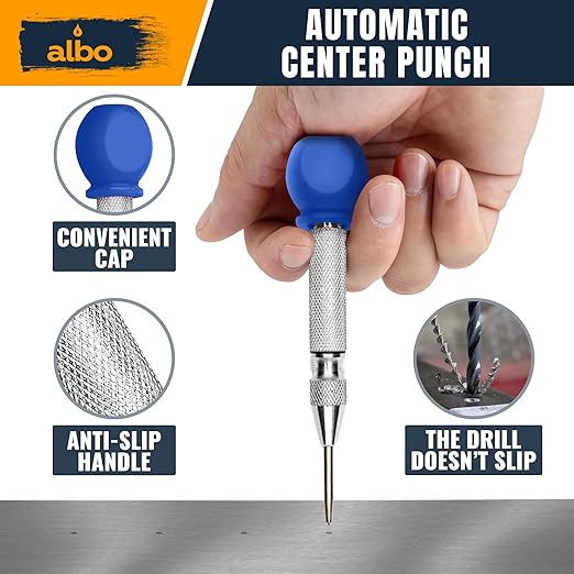 ALBO Spring Loaded Center Punch Tool – 5 Inch Automatic Punch for Metal, Wood & Steel – Heavy Duty Drill Punch with Non-Slip Comfort Cap, Galvanized Finish & Precision Tip for Accurate Marking (2pcs)