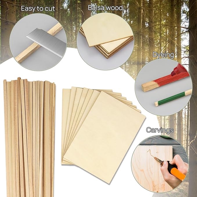 Unfinished Balsa Wood Sheets Sticks, Wood Dowel Rods Square Basswood Sheets - Image 3