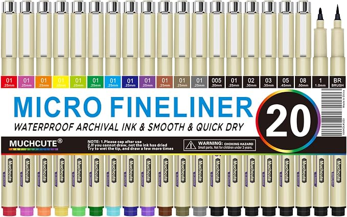 Muchcute Micro Fineliner Drawing Art Pens: 20 Set Extra Fine Line Waterproof by Muchcute