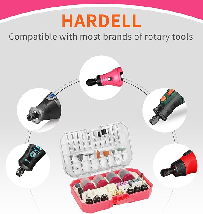 HARDELL Rotary Tool Accessories, 230pcs Power Rotary Tool Accessories Kit, 1/8"(3.2mm) Diameter Shanks, Universal Fitment for Easy Cutting, Polishing, Sanding, Carving, Grinding(Pink)