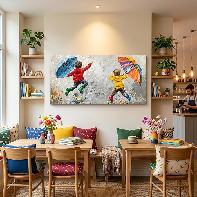 ZESTRILIA Joyful Kids Playing in Rain Canvas Wall Art, Rainbow Umbrella - Image 3