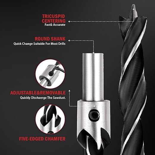 Countersink Drill Bits Set, 7-Pack High Carbon Steel Countersink Drill Bits for Wood, Woodworking Carpentry Reamer with 1 Free Hex Key Wrench
